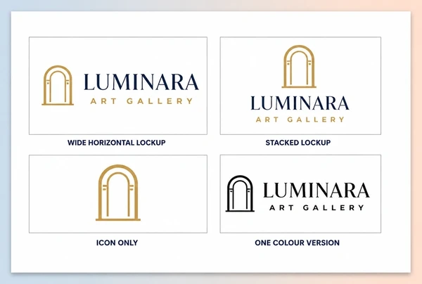 A printed sheet showing four art gallery logo versions: wide, stacked, icon only and one colour
