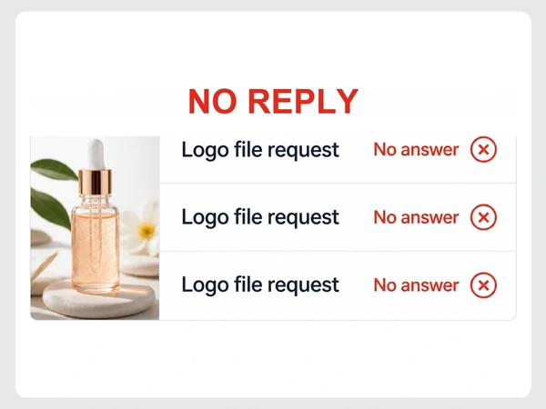 Pure Glow Skincare sent folder shows three Logo file request emails, each marked No answer.