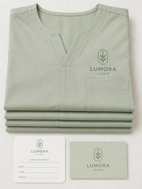 A tall stack of a clinic tunic, an appointment card and a name card carrying one embroidered logo
