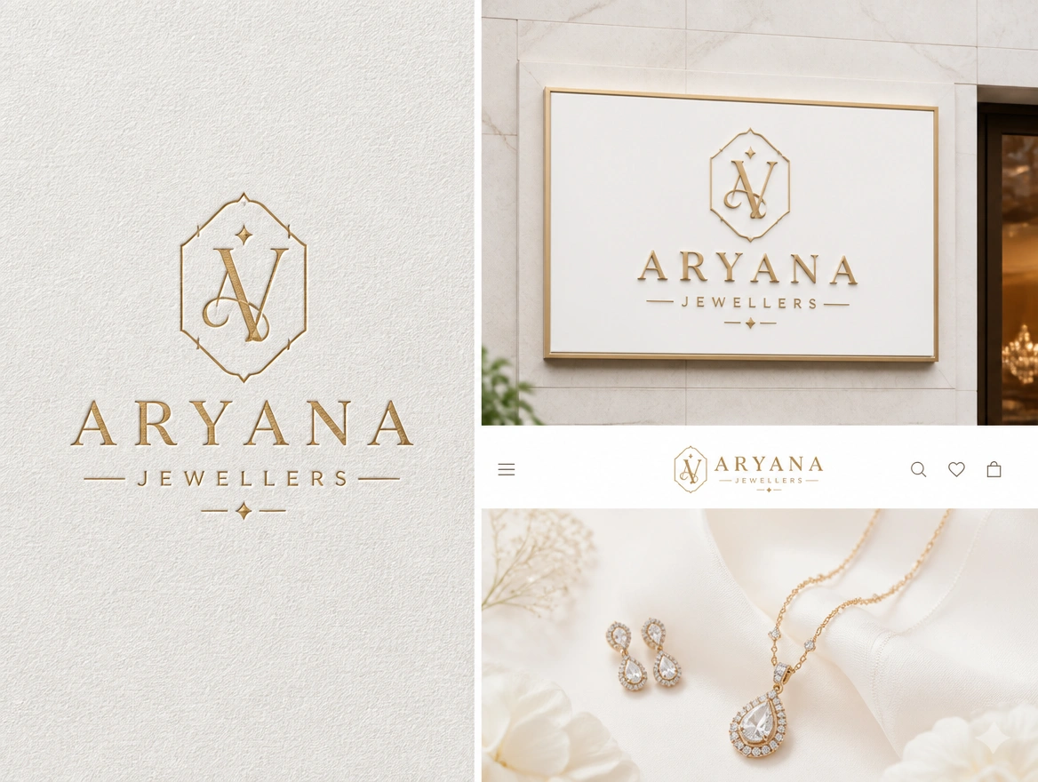 A jewellery house logo presentation board showing one logo on a document, a sign and a website header