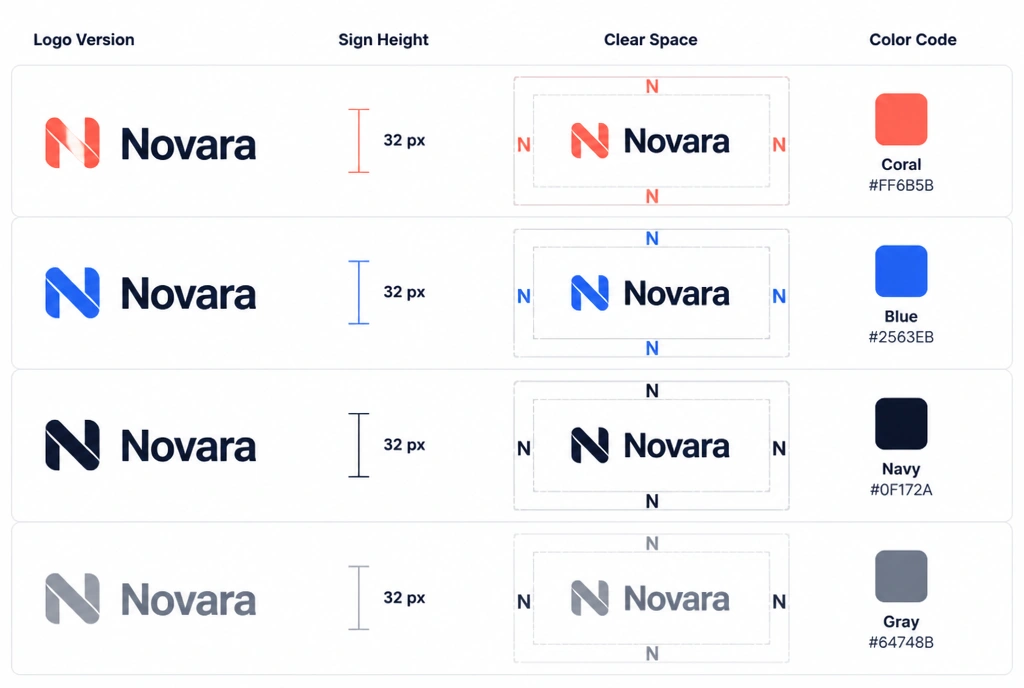 A logo usage sheet showing sign height, clear space and a colour code per version