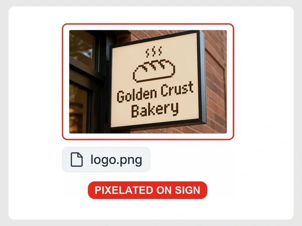 Golden Crust Bakery shop sign shows a blocky pixelated logo beside a logo.png chip and Pixelated on sign label.