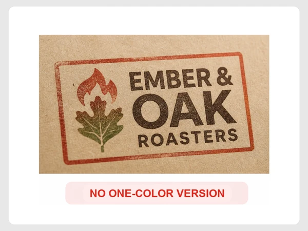Ember & Oak Roasters multicolor logo prints as a dark smudge on kraft paper, labeled No one-color version.