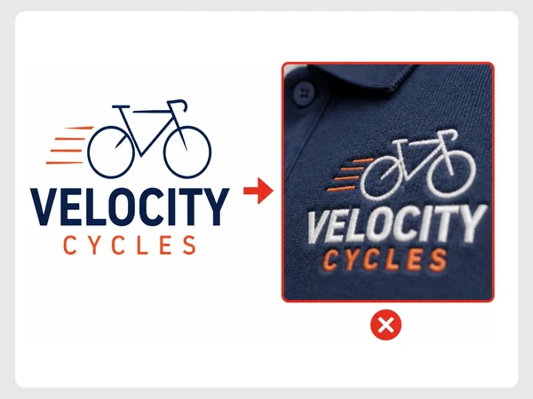 Velocity Cycles fine logo lines disappear and blur on an embroidered polo shirt marked with a red X.