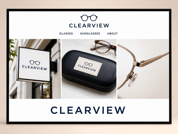 One eyewear logo shown on a shop sign, a spectacle case label and a website header