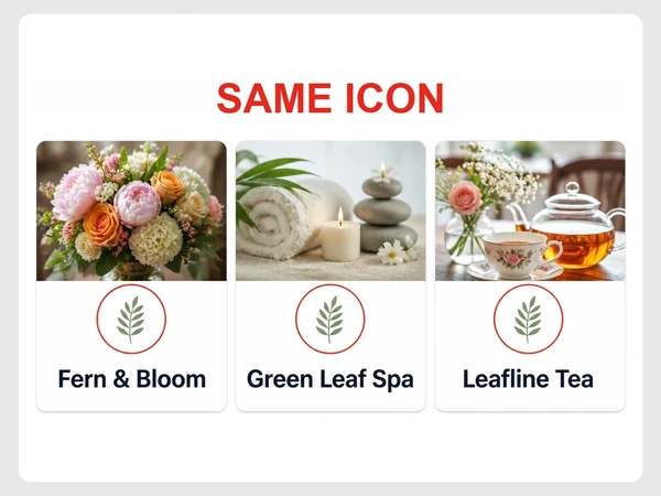 Fern & Bloom, Green Leaf Spa, and Leafline Tea use the same leaf icon circled in red.