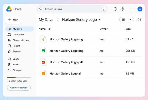 A Google Drive folder listing four logo files named by format with owner and size columns