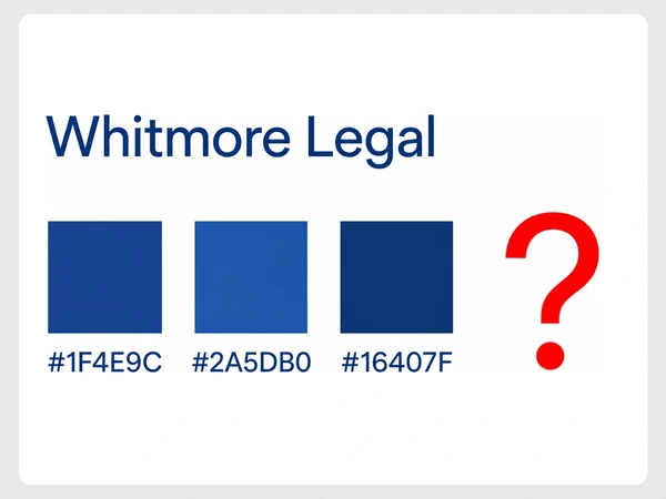 Whitmore Legal brand guide shows three different blue swatches with color codes and a red question mark.