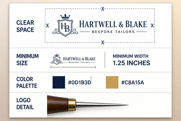 A logo usage sheet showing clear space, a smallest size and two swatches with colour codes