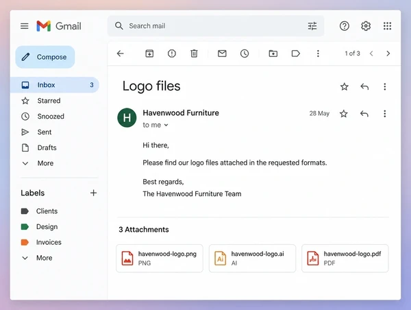 An open Gmail message handing over logo files, with three attachments named by format