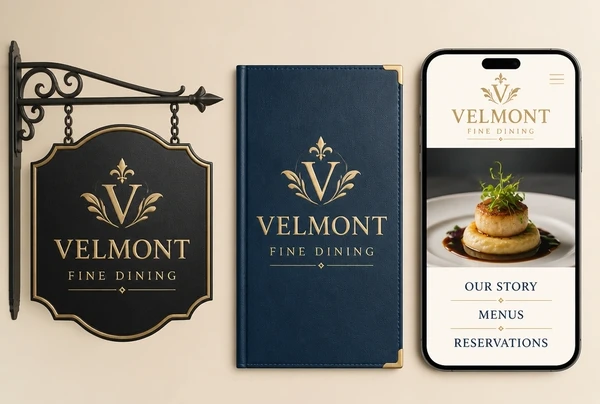 One restaurant logo shown on a shopfront sign, a menu cover and a phone home page header