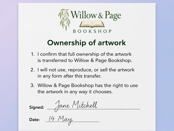 A signed ownership transfer sheet carrying a bookshop logo and three short plain terms