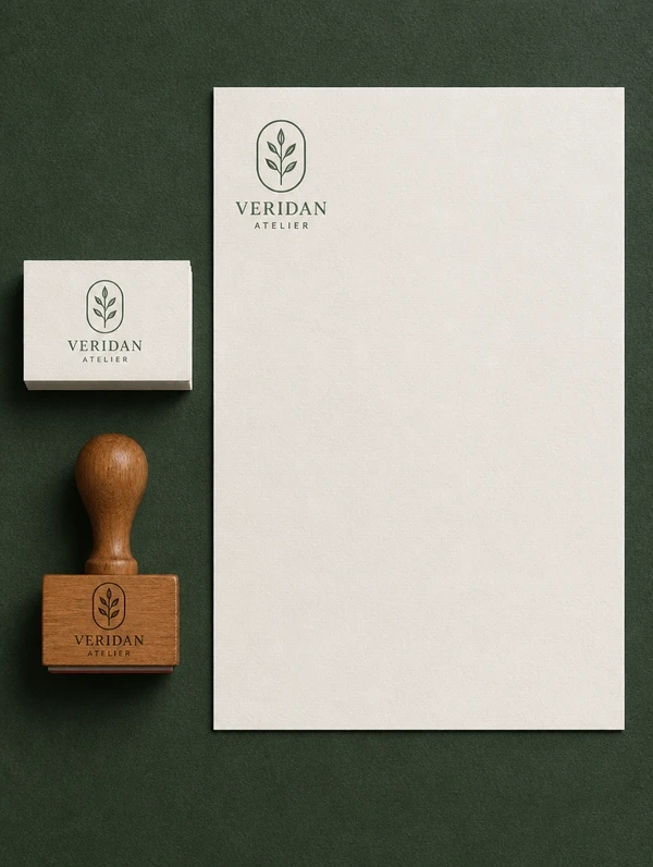 A tall stack of a name card, a letterhead and a rubber stamp sharing one logo