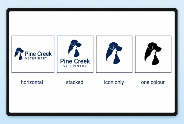 One veterinary logo shown in horizontal, stacked, icon only and one colour versions