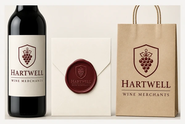 One wine merchant logo shown on a bottle label, a wax seal and a paper carrier bag