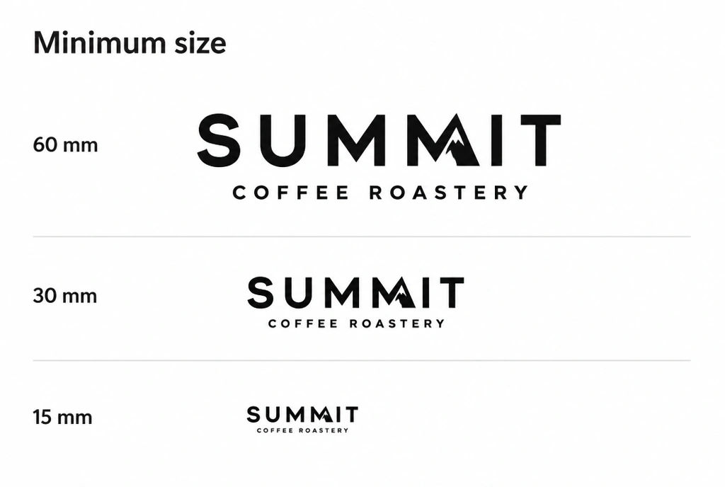 A usage sheet showing one coffee roastery logo at three minimum widths