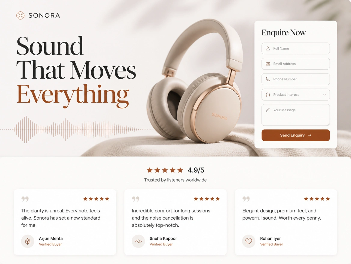 Premium headphones landing page with one headline, a contact form and customer reviews