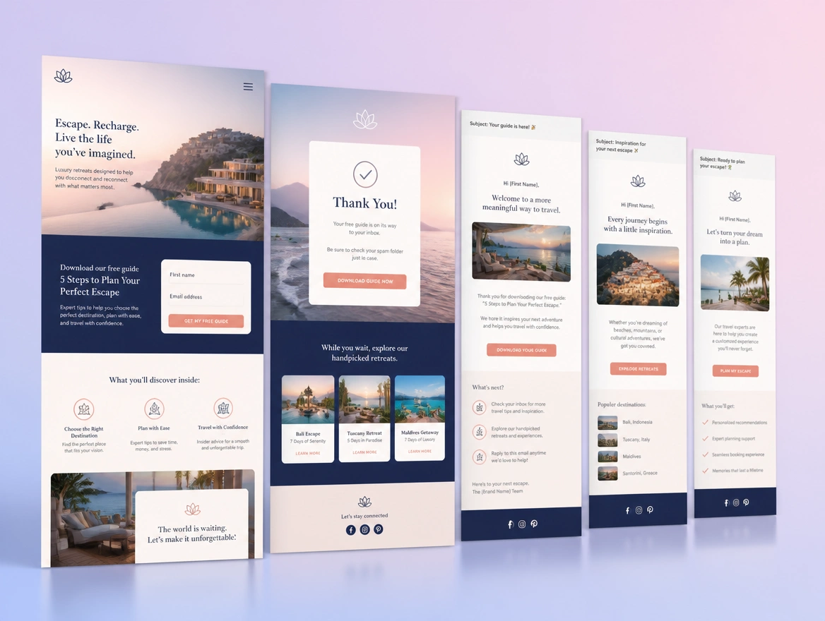 Website mockup showing sales funnels