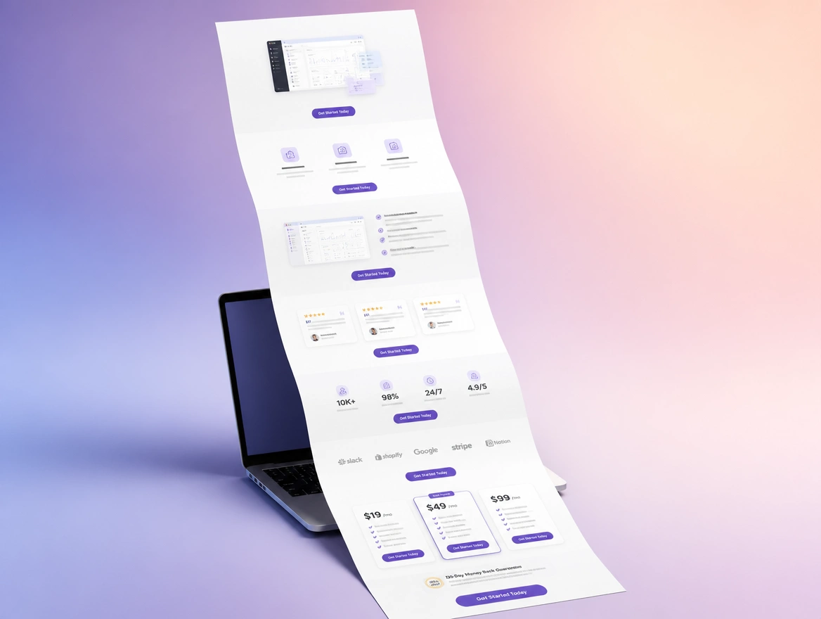 Website mockup showing sales pages