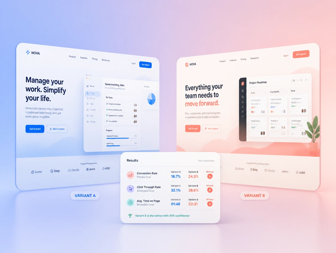 Website mockup showing testing and optimisation
