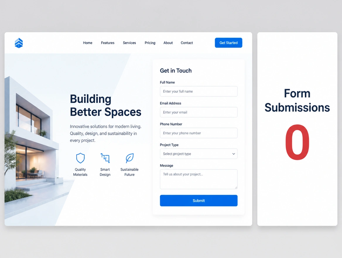 An attractive page beside an empty form submissions panel