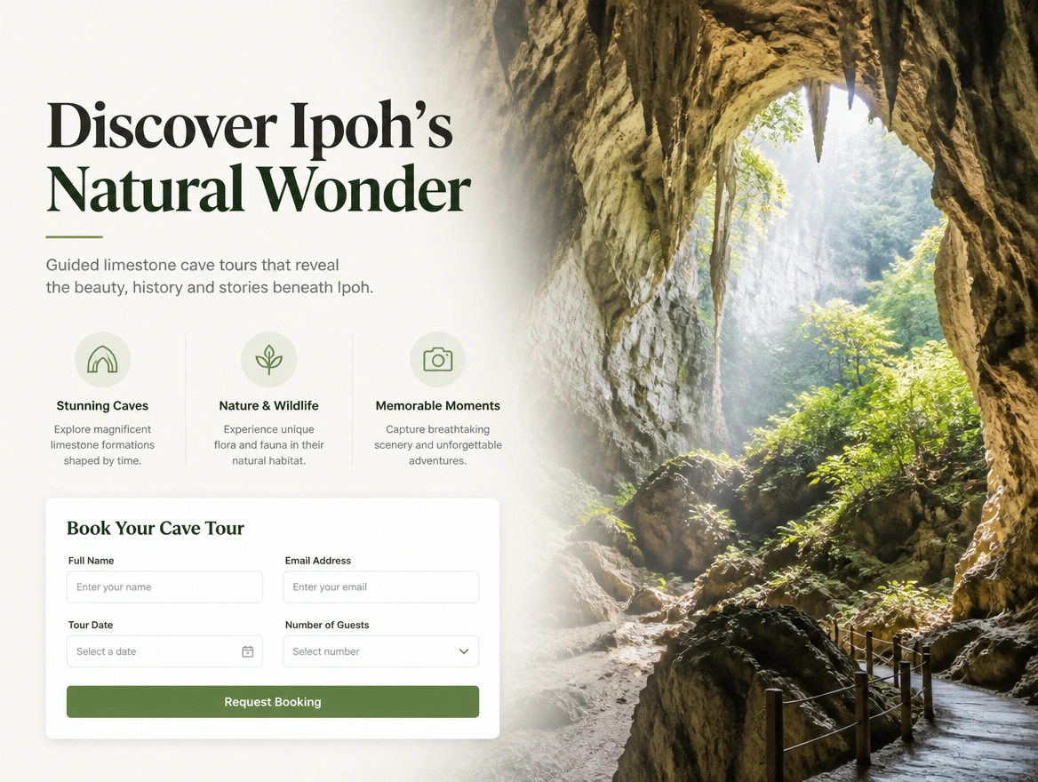 A limestone cave tour landing page with one headline, three highlights and a short booking form