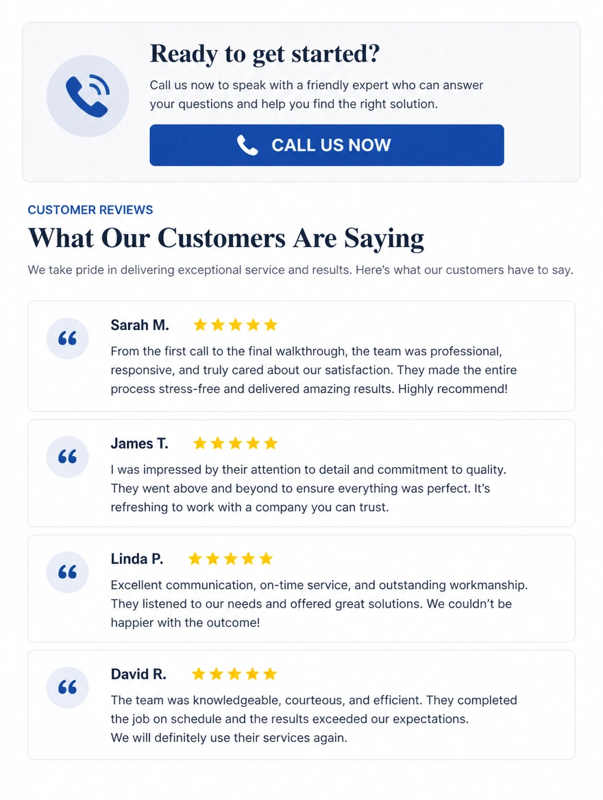 A landing page section with a large call us now button above four written customer reviews