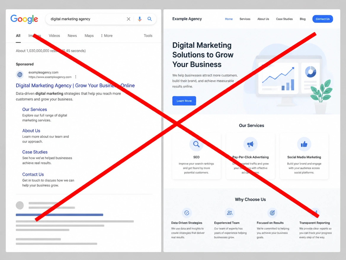 A Google search advert beside the homepage it opens, the offer missing, crossed out in red
