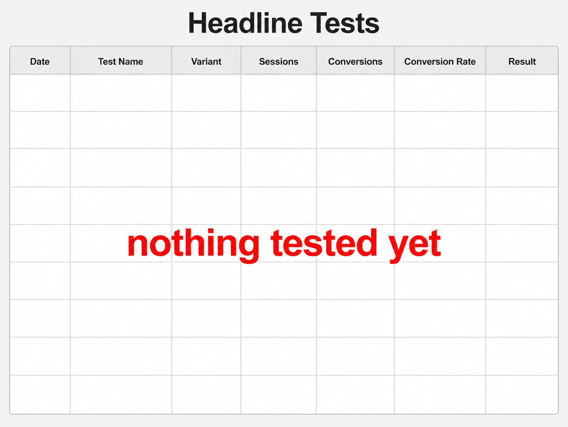 An empty headline test table with nothing tested yet printed in red