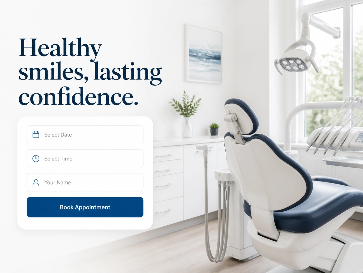 A dental clinic landing page with one headline, a short booking form and one button