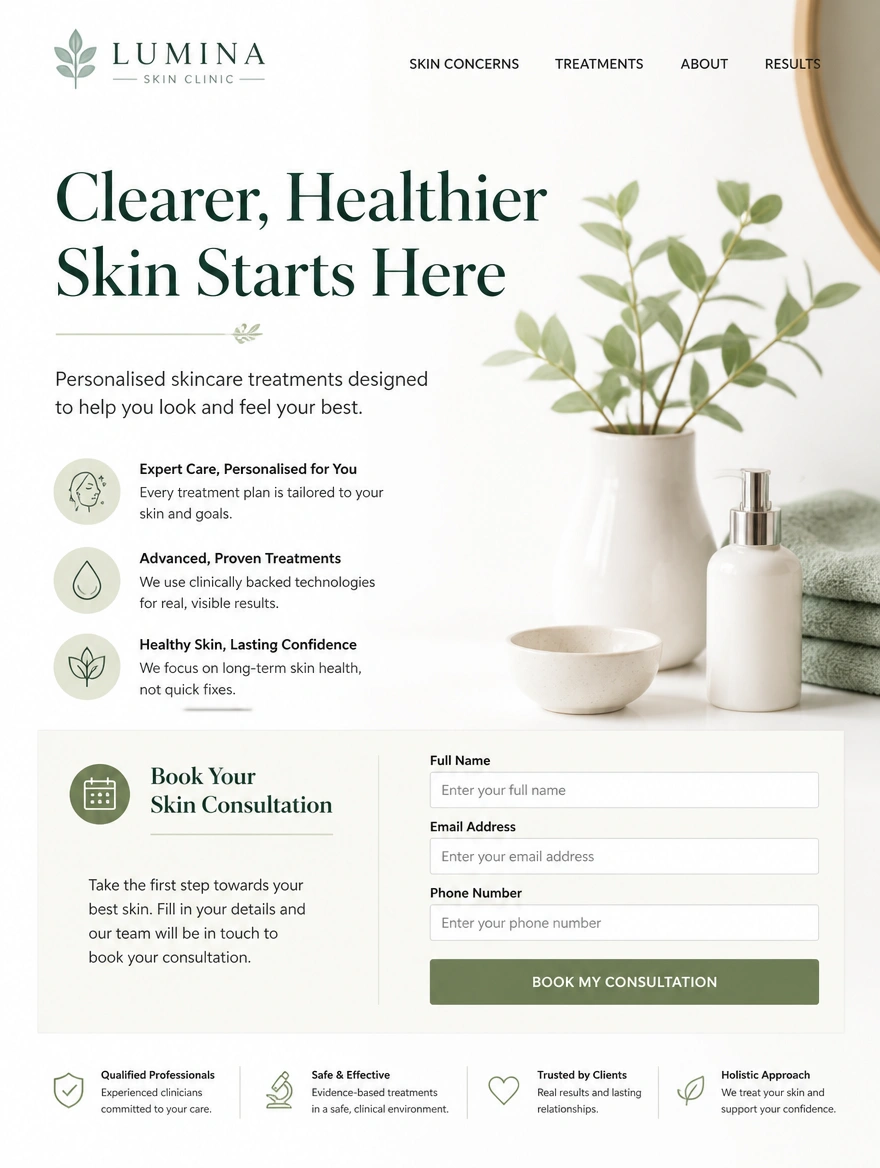 A skincare lead capture page with a short form and a single button