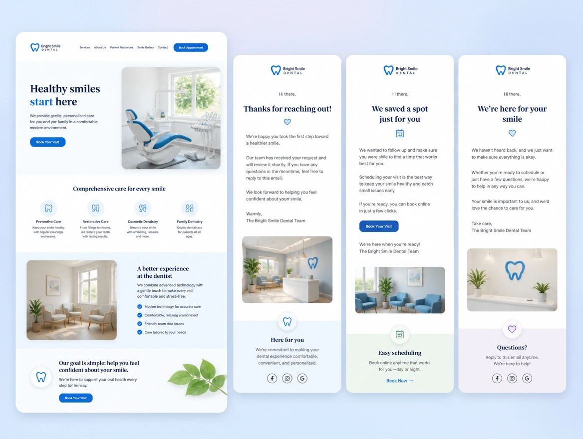 Website mockup showing page plus follow-up