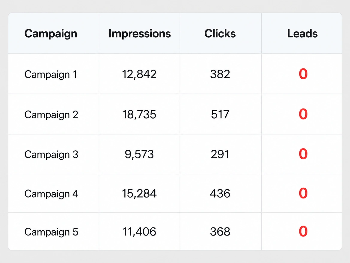 A campaign table showing hundreds of clicks beside a leads column reading zero in red
