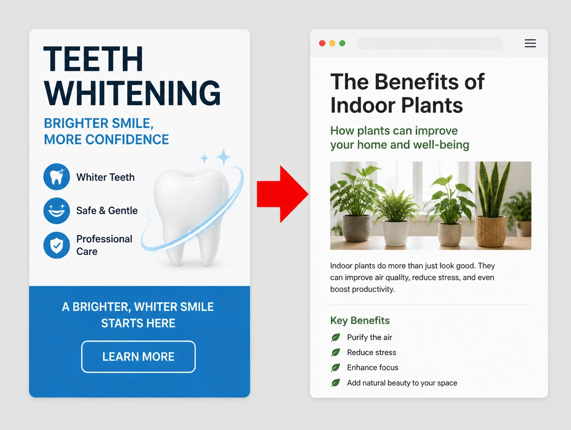 A dental advert beside the unrelated page it opens, marked with a red arrow