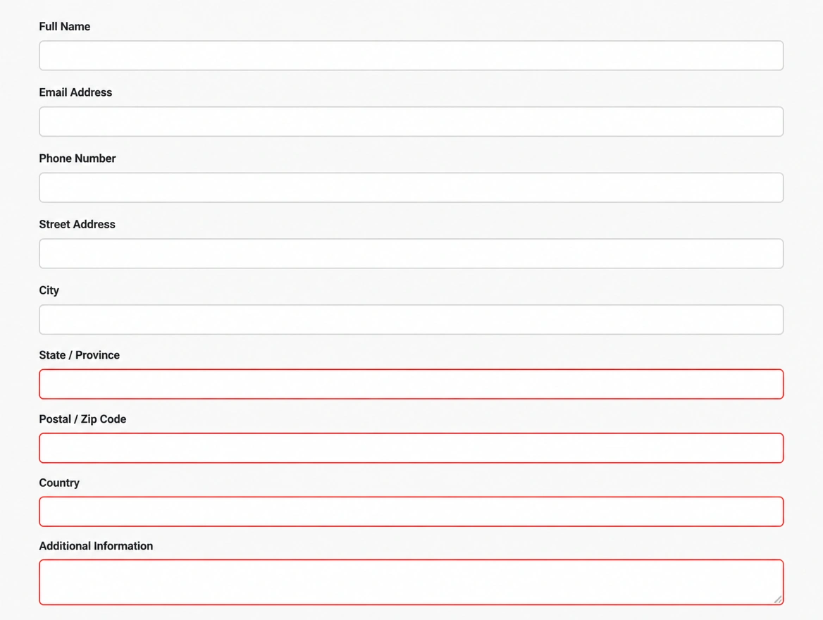 A web form with nine empty fields, the lower ones outlined in red