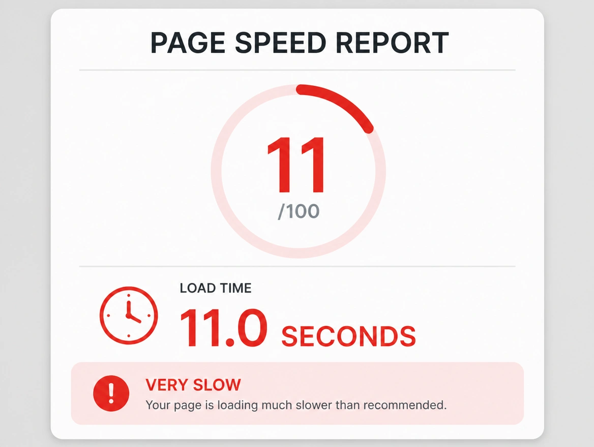 A page speed report showing a load time of eleven seconds in red