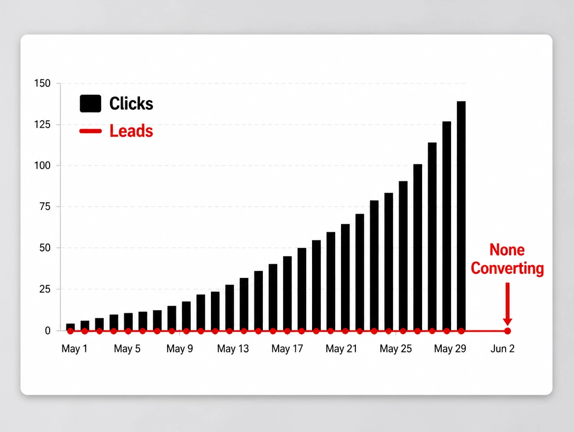 A chart where the clicks bars climb month by month and the leads line stays flat at zero