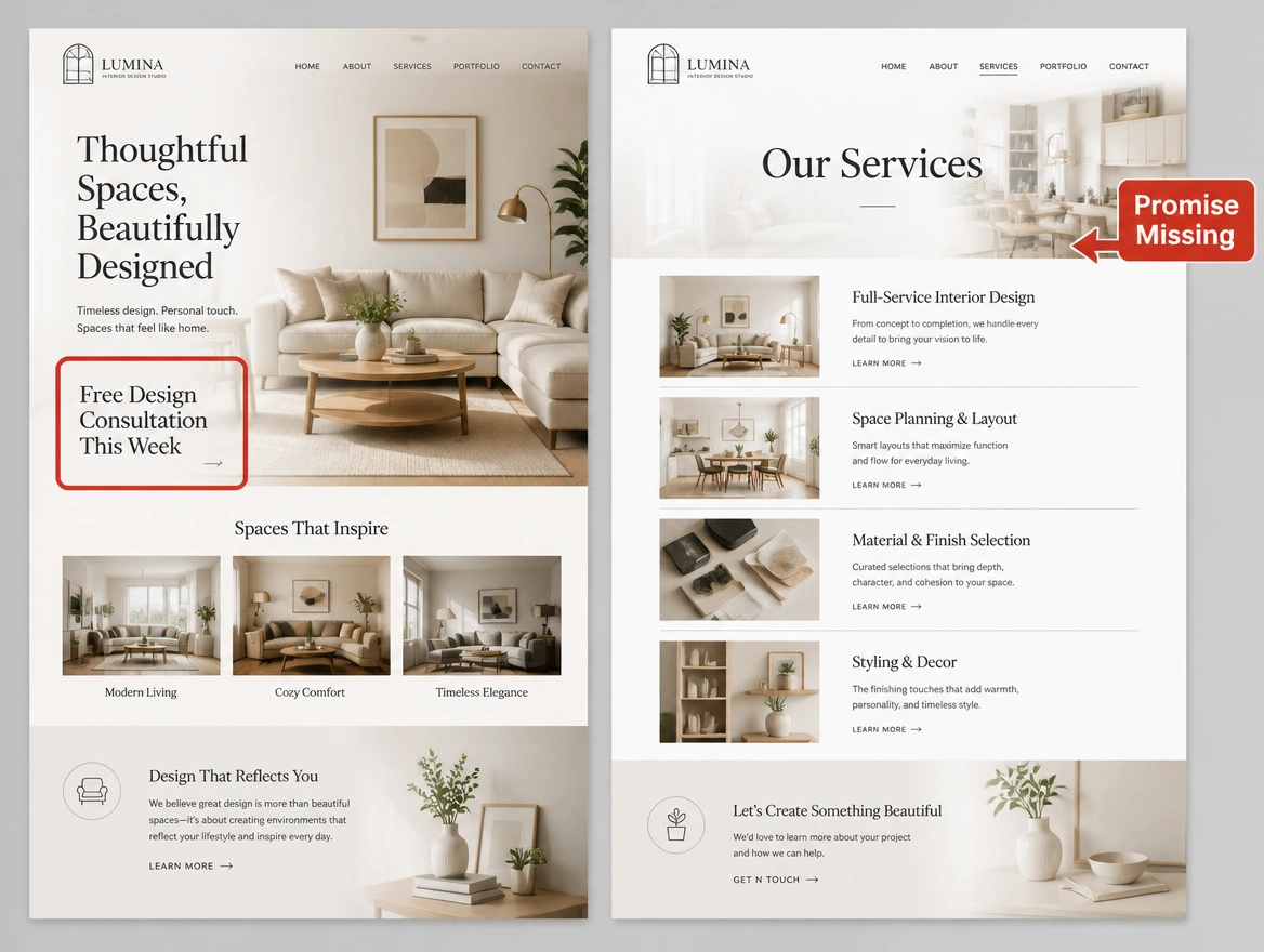 An advert offering a free design consultation beside a page that never mentions it