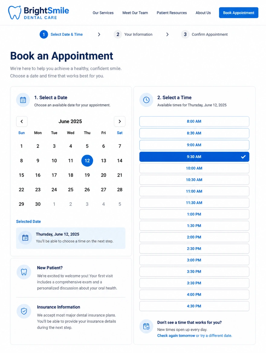 A booking page with a calendar and a column of time slots, one slot selected