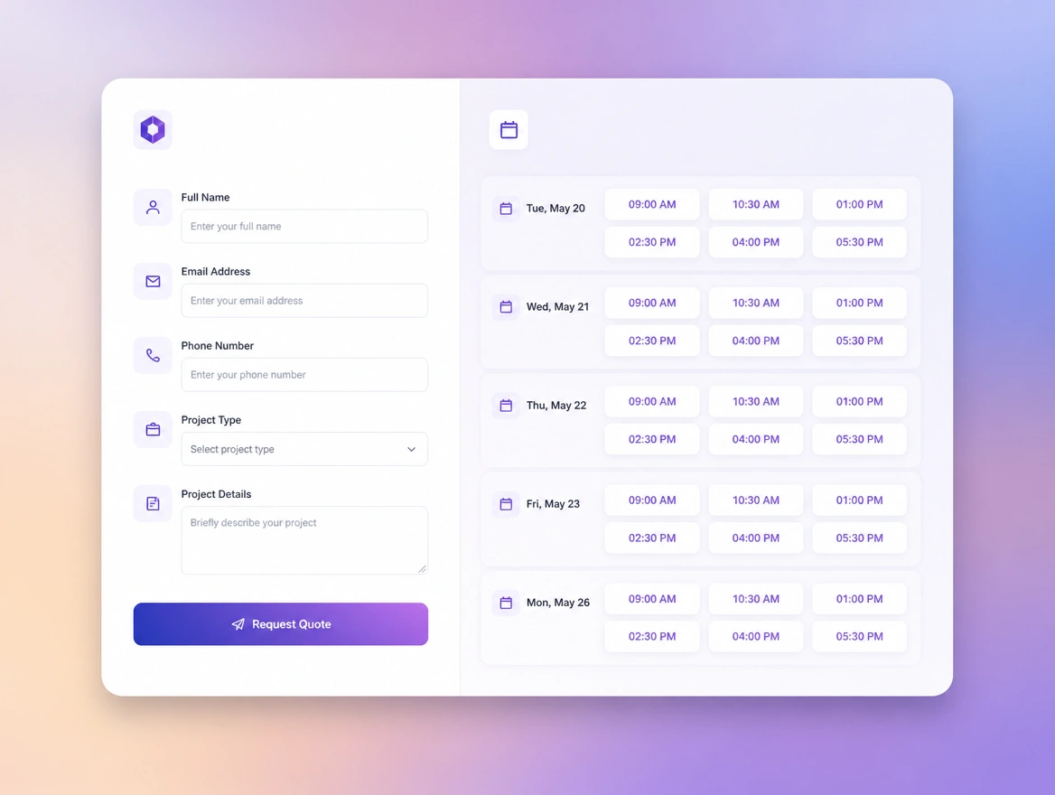 Website mockup showing booking and quote pages
