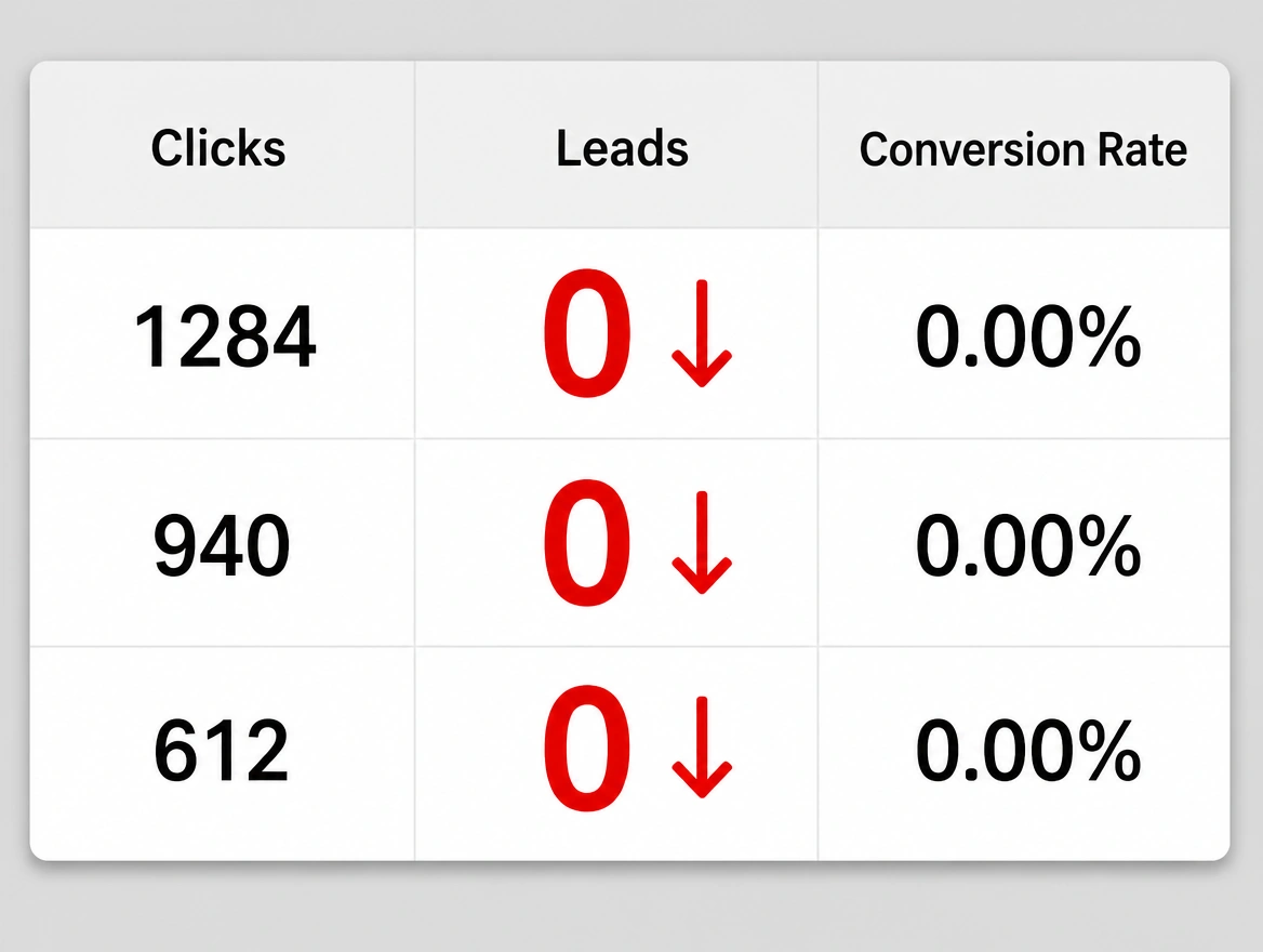 An advertising results table where every row shows clicks in black and zero leads in red