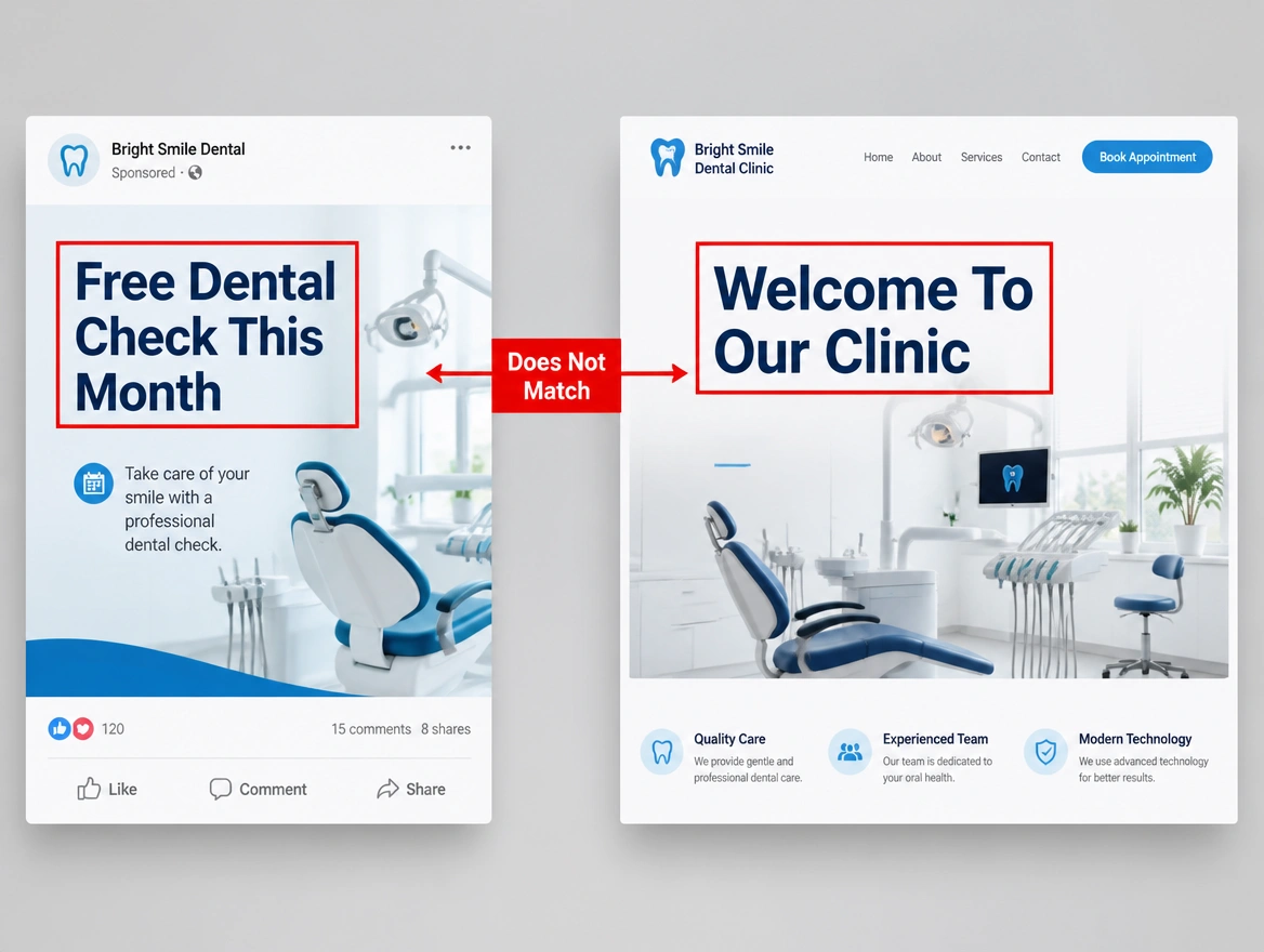A social advert headline beside a landing page headline that says something different