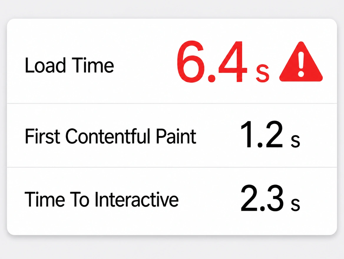 A page speed result showing a load time of 6.4 seconds printed in red