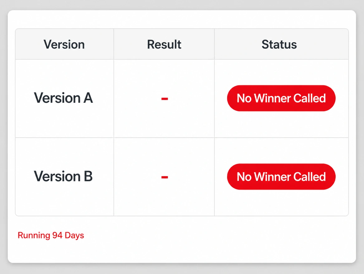 A split test panel where both versions show no winner called after 94 days