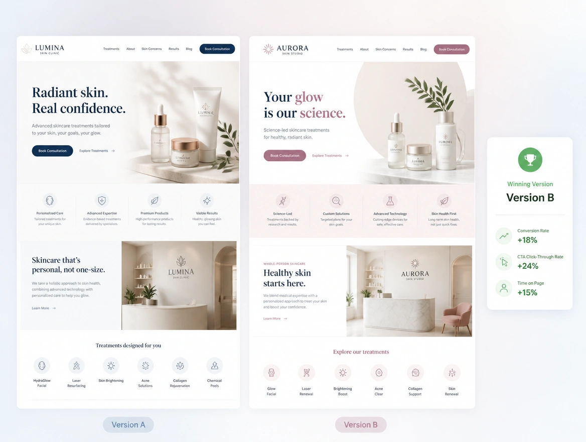 Website mockup showing testing and optimisation