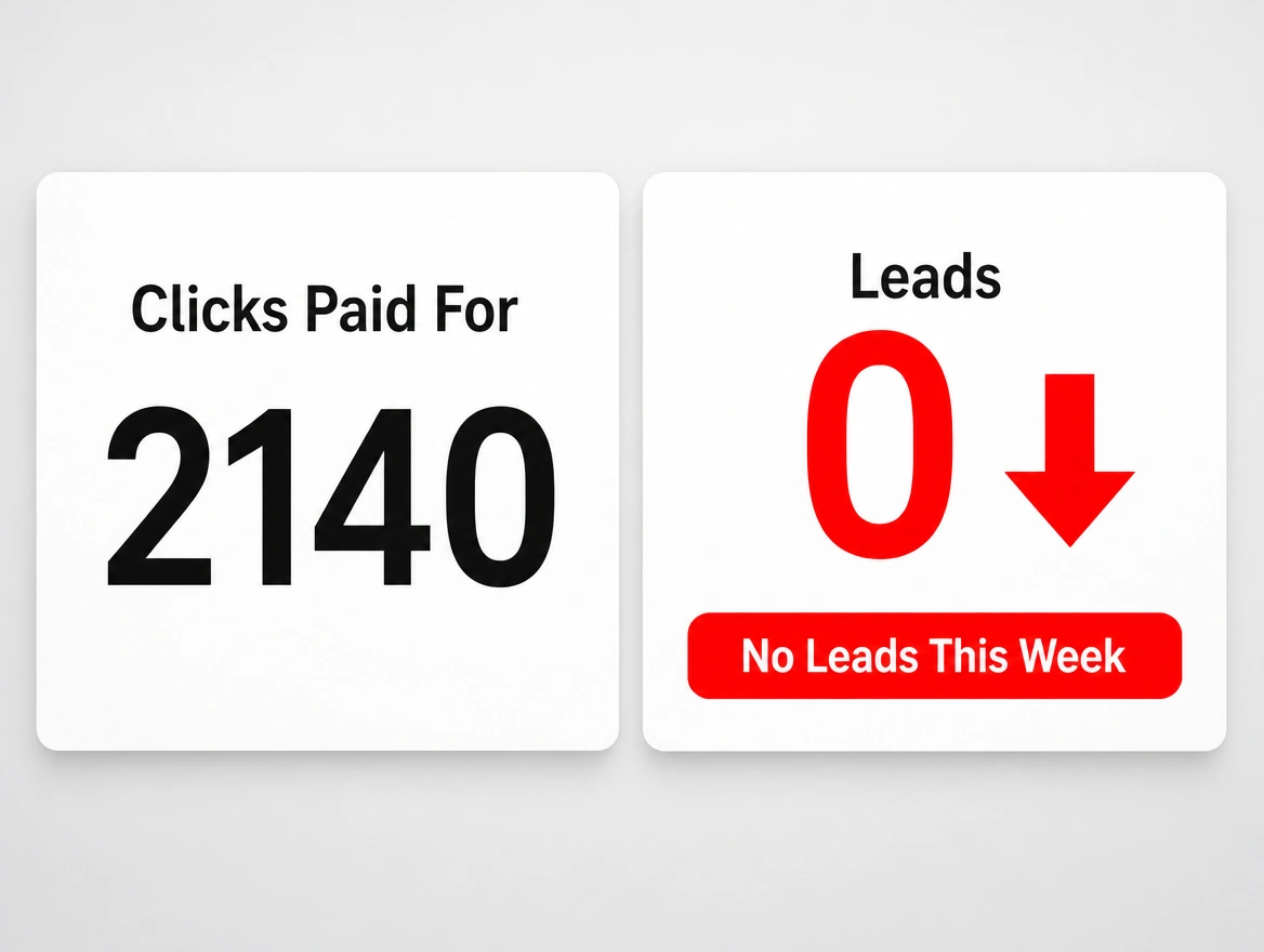 Two cards side by side, 2140 clicks paid for against zero leads printed in red