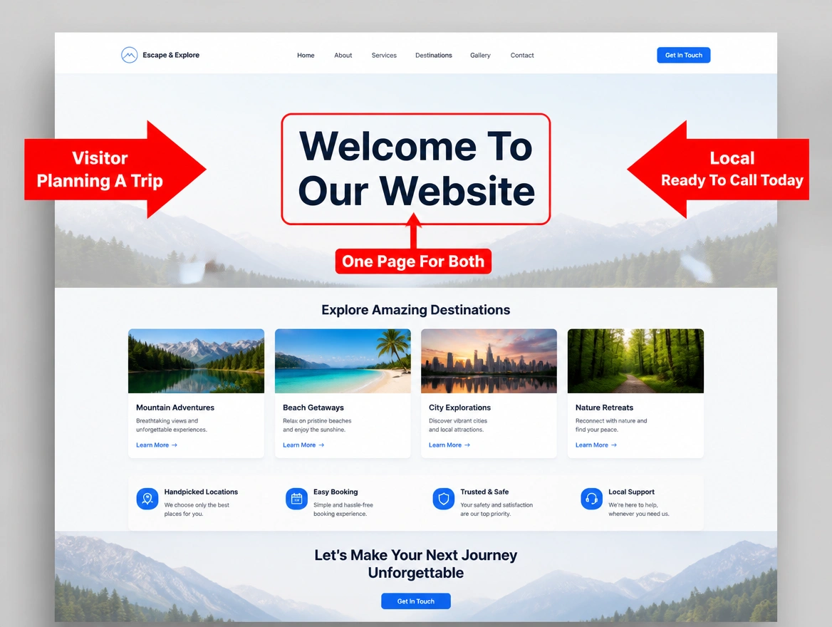 One vague landing page with red arrows from a visitor and from a local, both unanswered