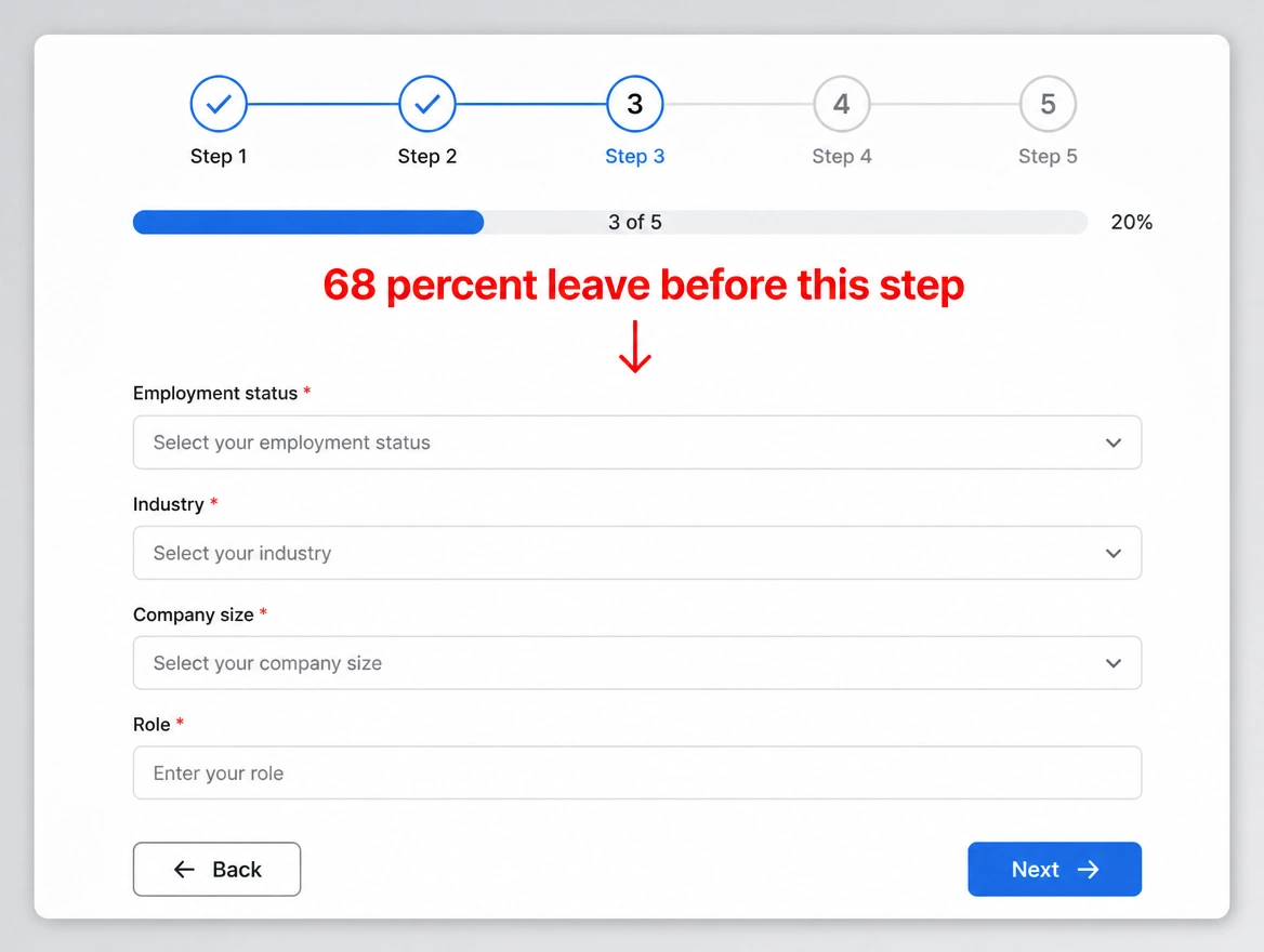 A five step form stuck on step three with a red note that most people leave first