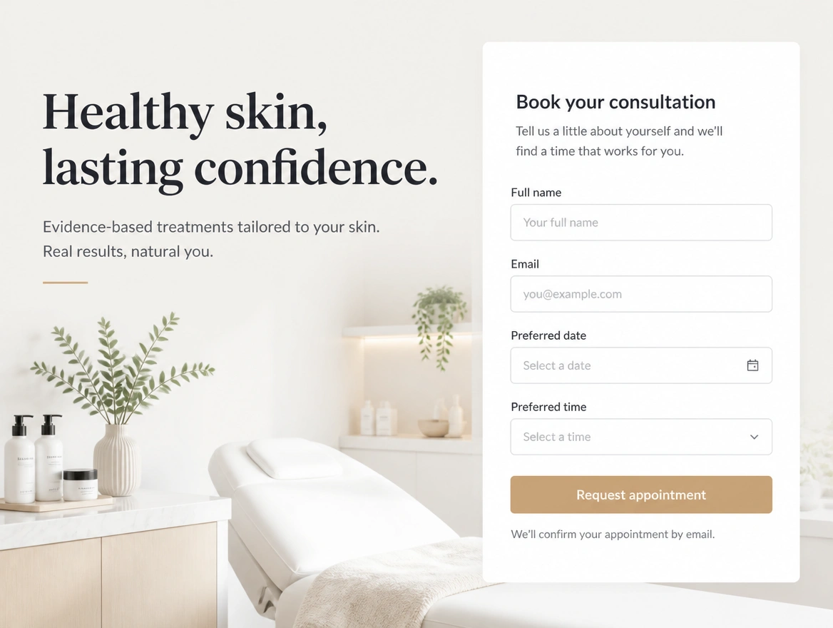 A skincare clinic landing page with one headline and a short booking form