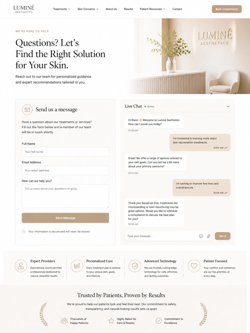 A chat panel beside a three field contact form on a landing page